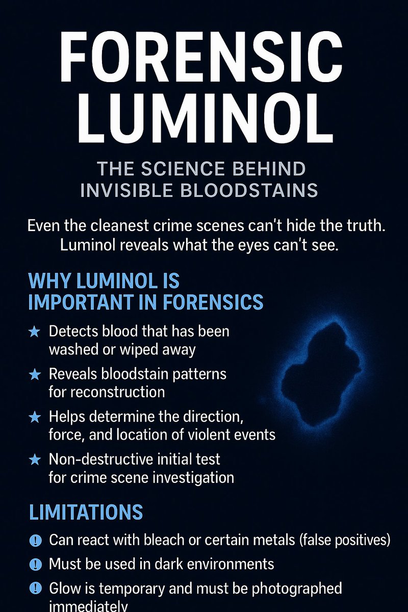 forensicshriya's tweet image. ✨ Luminol reacts with trace blood, glowing blue to reveal what the eyes can’t see.

🔍 A powerful tool that uncovers hidden truths at crime scenes.

#ForensicScience #Luminol #CrimeSceneInvestigation