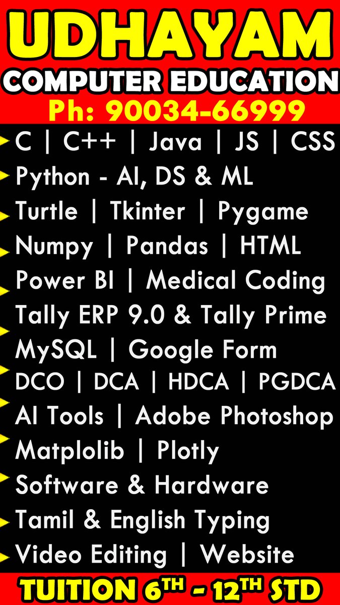 Udhayam_Academy's tweet image. UDHAYAM ACADEMY #csri #udhayamacademy #computereducation #computerteachinginstitute #collegeinternshipandworkshop #tuition #hometuition #systemsales #laptopsale #coachingcenter #aiml #programlearninginstitute #bestacademyinsalem #bestinstituteinsalem #computercenter #summercourse