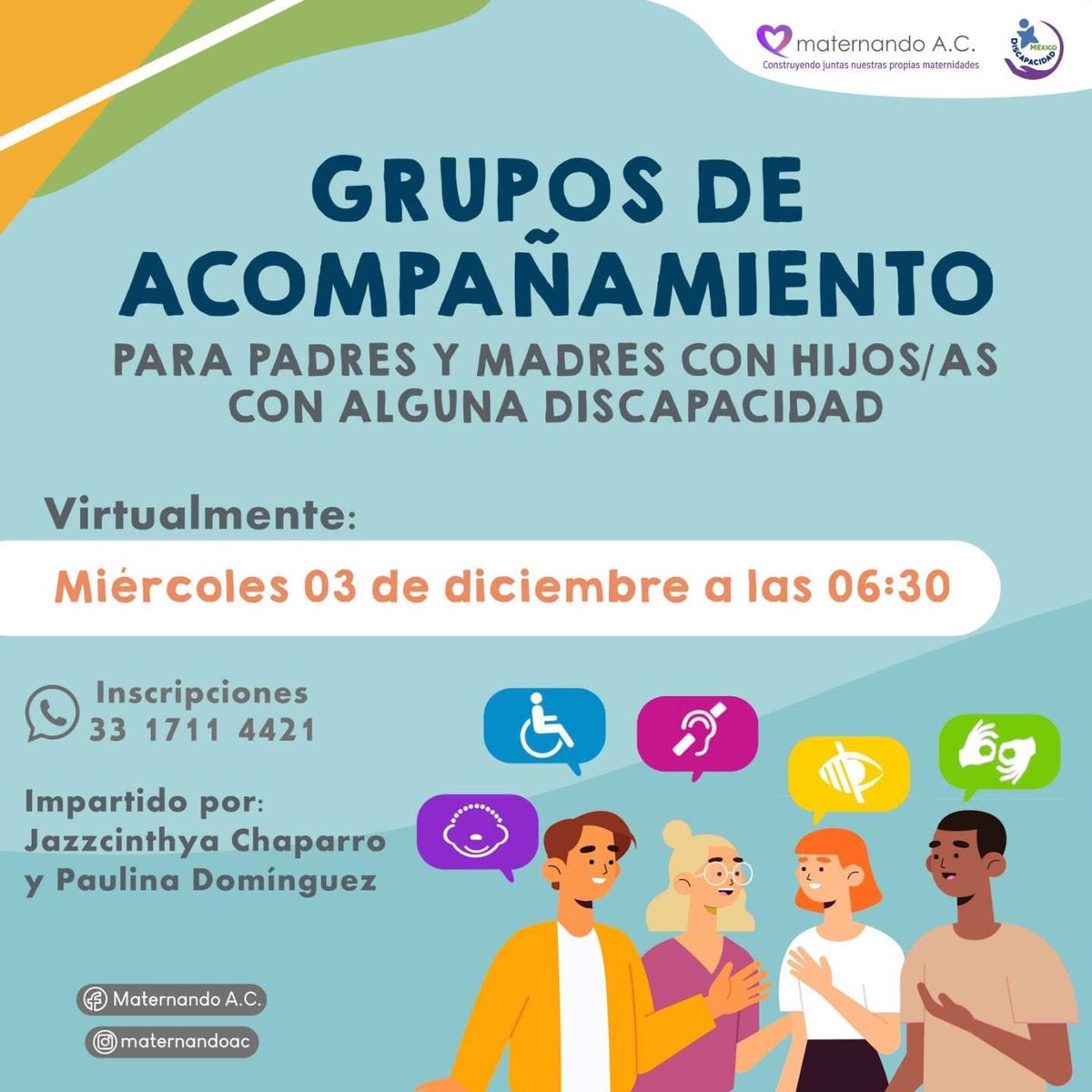 ¿Eres padre o madre cuidador de un hijo/hija con #discapacidad? 
Únete a nuestro grupo de acompañamiento, donde aprendemos, platicamos y convivimos solo papás cuidadores en un espacio de aceptación, respeto mutuo, comprensión y paciencia. 

 ¡Inscríbete! 

*SIN COSTO