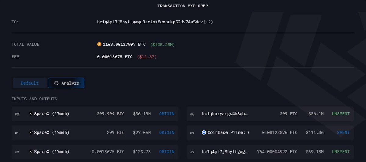ブロックチェーンエクスプローラー上のSpaceXのBitcoin取引のスクリーンショット