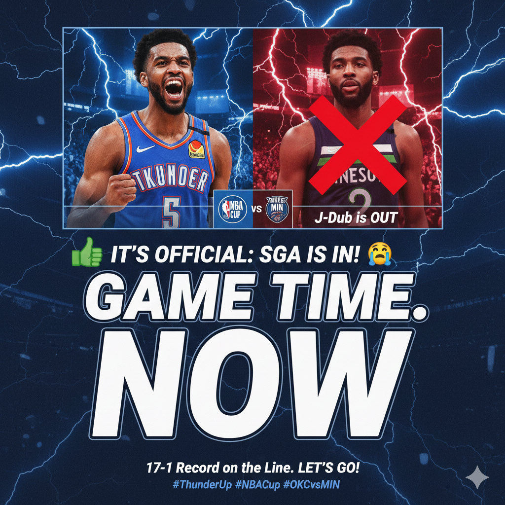 TrifectaBanter's tweet image. IT&apos;S OFFICIAL: SGA IS IN! 😤

The MVP candidate is suiting up to protect the 17-1 record and the streak despite the illness. J-Dub is OUT.

This is a gut-check game for the team against a healthy Wolves squad led by Ant-Man. Paycom Center needs to be electric.

TIP-OFF NOW. Let&apos;s…