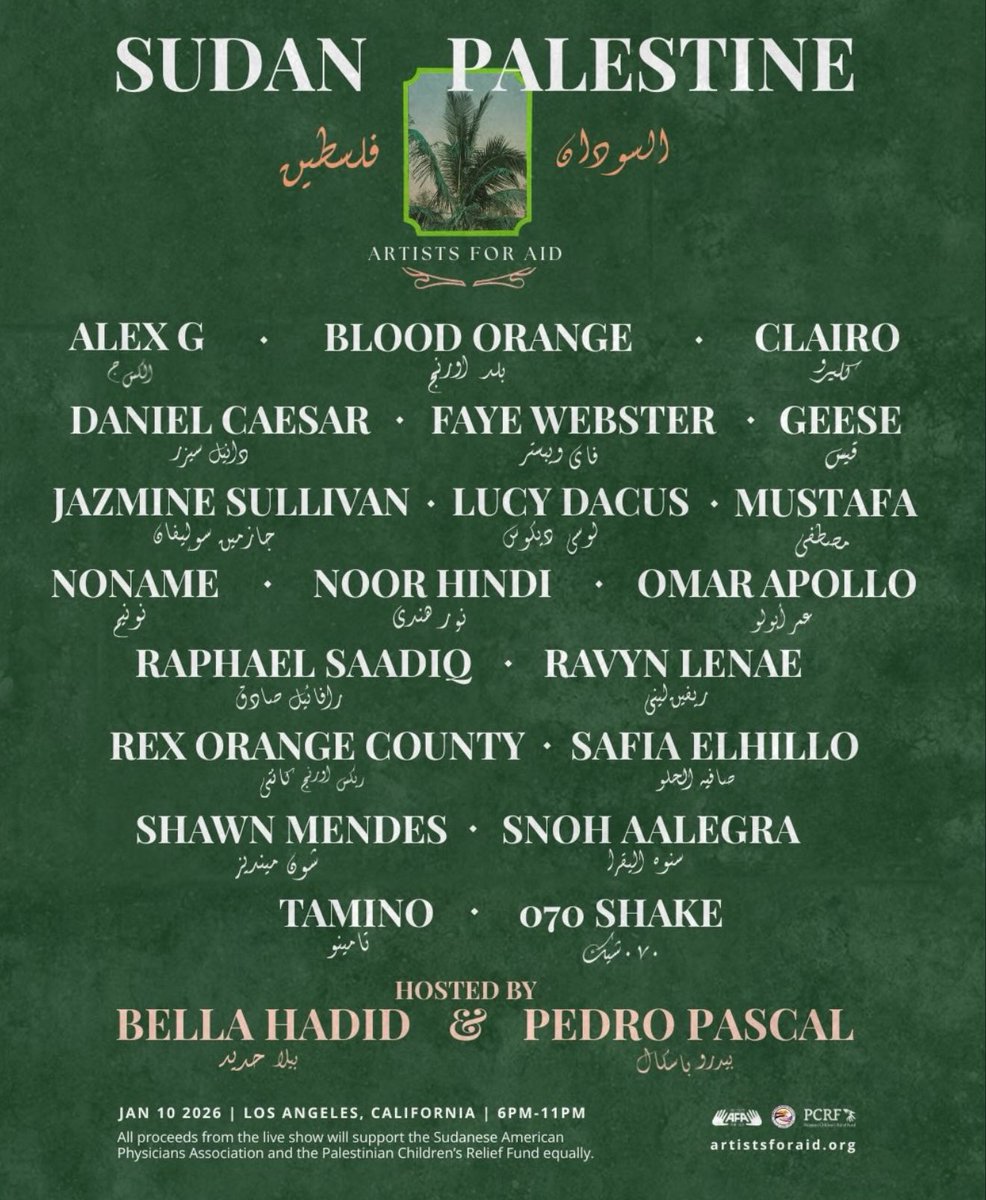 concertleaks's tweet image. The Artists for Aid LA concert has been announced, featuring performances from Shawn Mendes, Omar Apollo, Lucy Dacus, Clairo, Faye Webster, Ravyn Lenae, Blood Orange, Geese, and more!

Pedro Pescal and Bella Hadid will be hosting the event on January 10th.