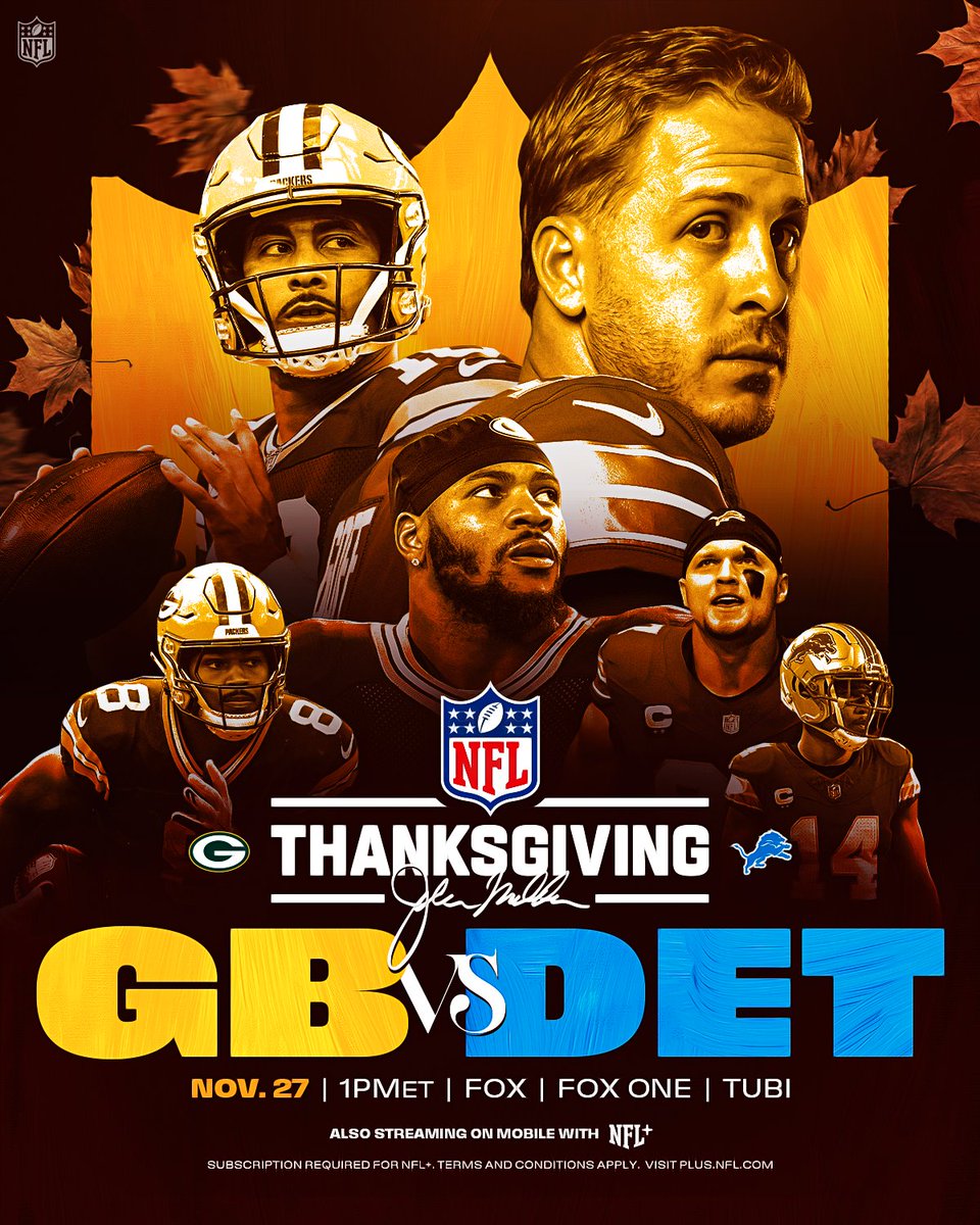 A NFC North clash on Turkey Day 🦃  @Verizon 

GBvsDET– Thanksgiving Day 1pm ET on FOX/FOX One/Tubi
Also streaming on @NFLPlus 