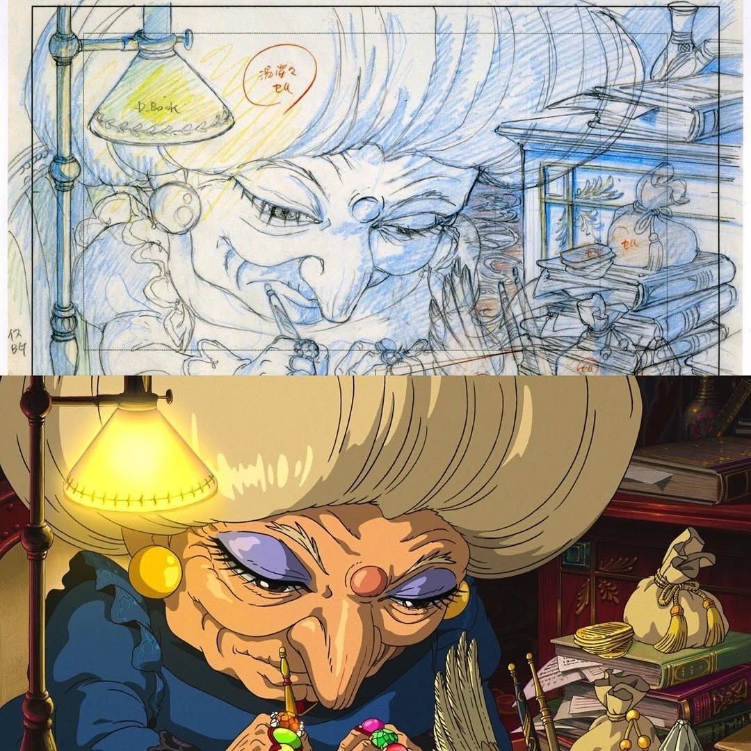 PhotoGhibli's tweet image. Original illustration &amp;amp; final result of Yubaba from Spirited Away (2001)