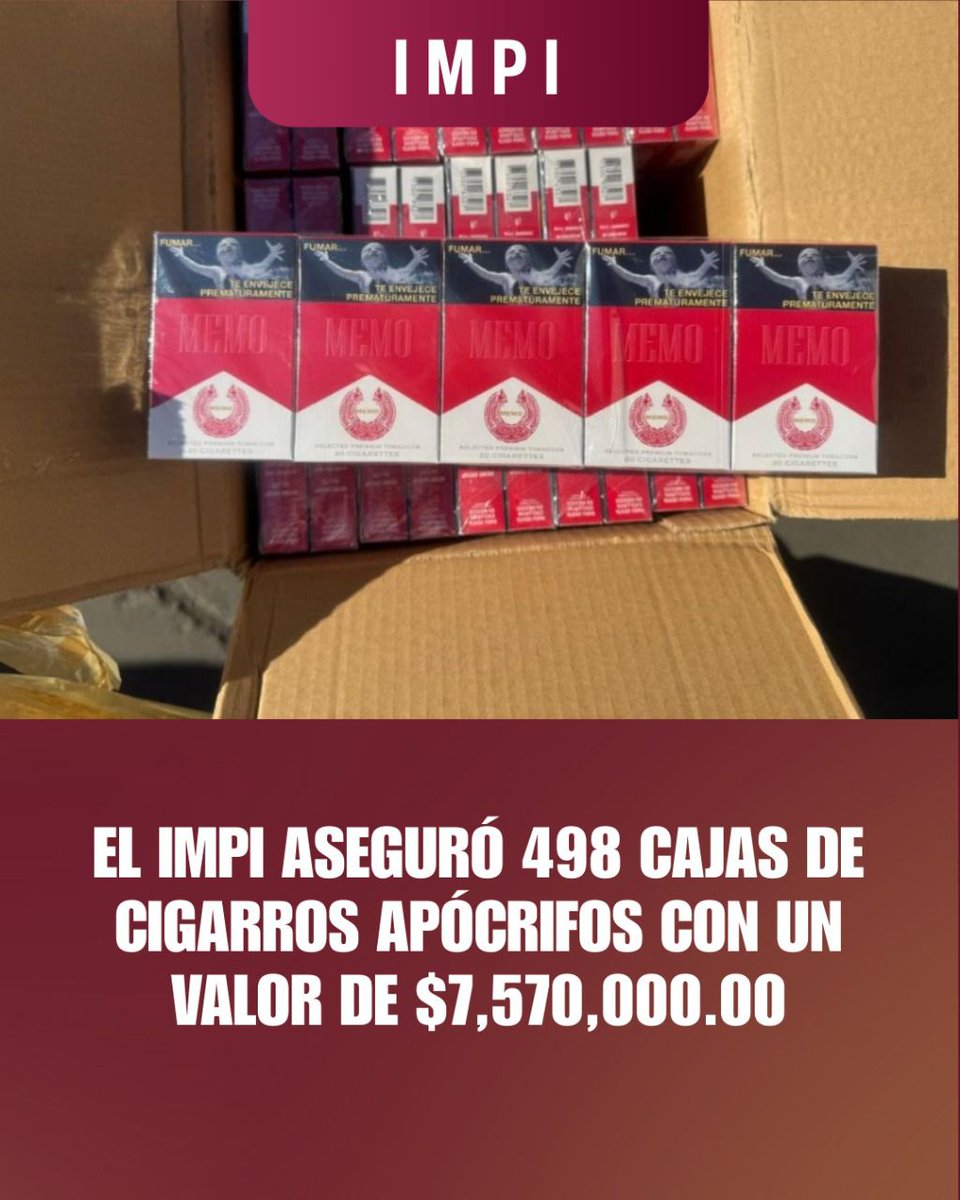 #MañaneraDelPueblo 
🚨Golpe Demoledor al #Contrabando: <a href="/IMPI_Mexico/">IMPI</a> Decomisa 4.9 Millones de Cigarros Pirata en Sonora
En un operativo realizado en la Aduana de Guaymas, el <a href="/IMPI_Mexico/">IMPI</a> aseguró 498 cajas de cigarros “MEMO”, equivalentes a 24,900 paquetes, 249,000 cajetillas y un