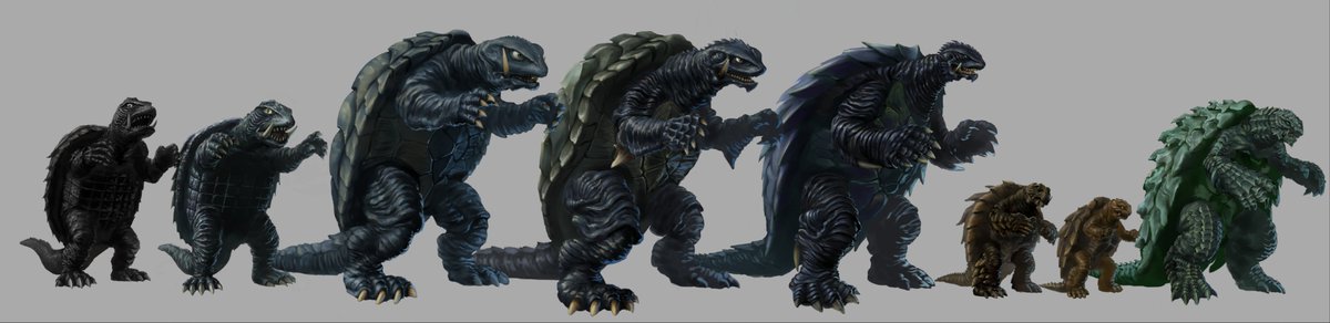 今日は大怪獣ガメラ上映60周年です｡
歴代ガメラの身長比べを描きました｡残念ながら、トラウマガメラと50周年記念ムービーのガメラは間に合わなかったです｡すみません🙇‍♂️
#ガメラ生誕60周年 
#Gamera