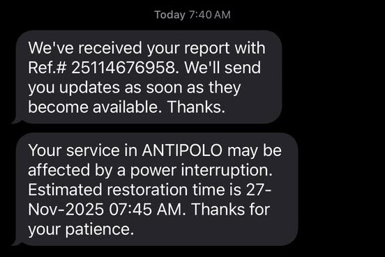 topguy47's tweet photo. @meralco Just to inform you and all the client/subscribers of this service provider: your system notified me about restoration and I received it at 7:57am today where the "power" isn't restored still. Di kasama ang area namin sa scheduled maintenance. Respond promptly. https://t.co/CrMlikp7LI