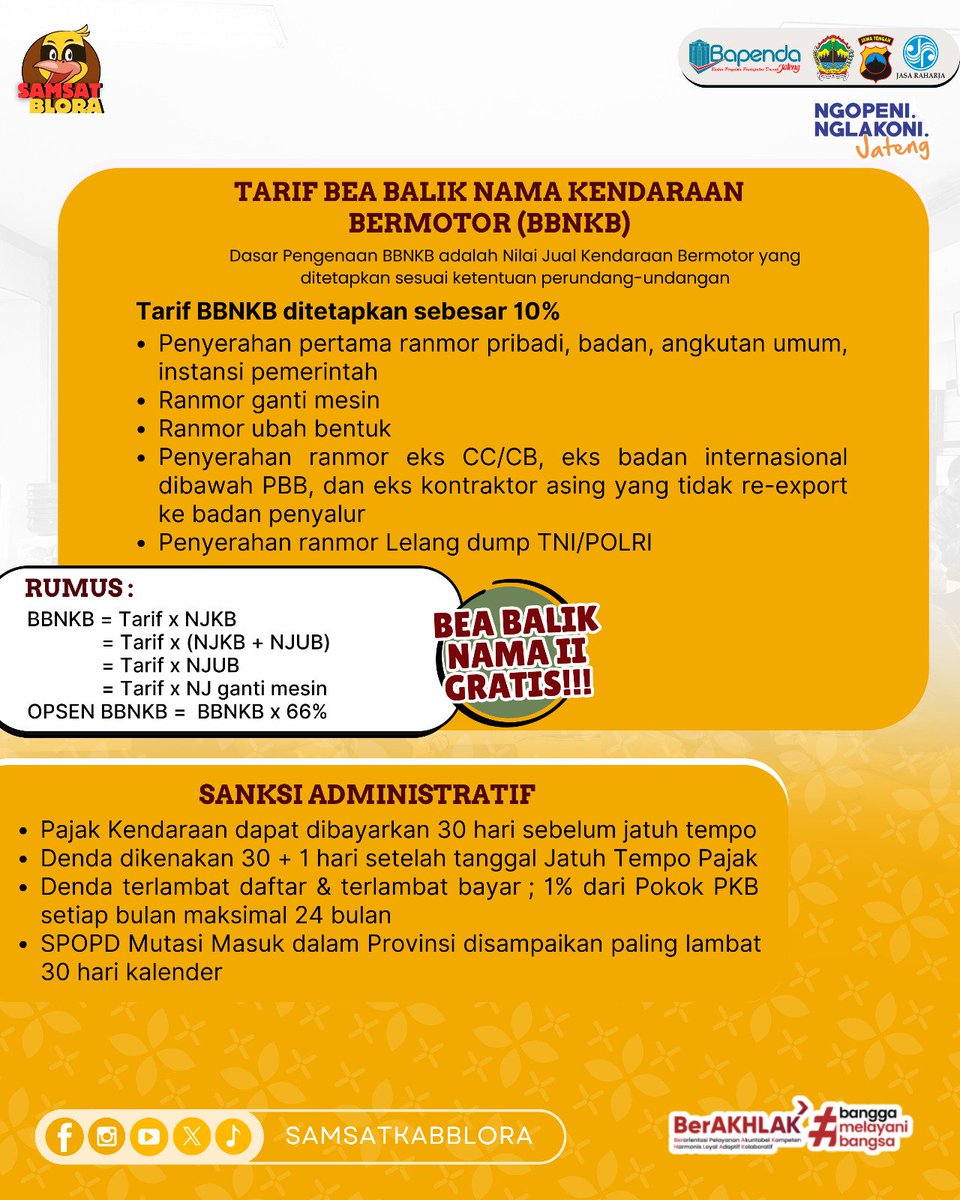 Hai Dulur #MasSajak 😊

Berikut kami sampaikan Informasi Tarif Pajak Kendaraan Bermotor mulai Dasar Pengenaan PKB, BBNKB dan Sanksi Administratif.

#SamsatJateng
#SamsatBlora
#SamsatBudiman
#NewSakpole
#PajakUntukJawaTengahmu
#PodcastBapenda
#MasSajak
#ngopeninglakoni