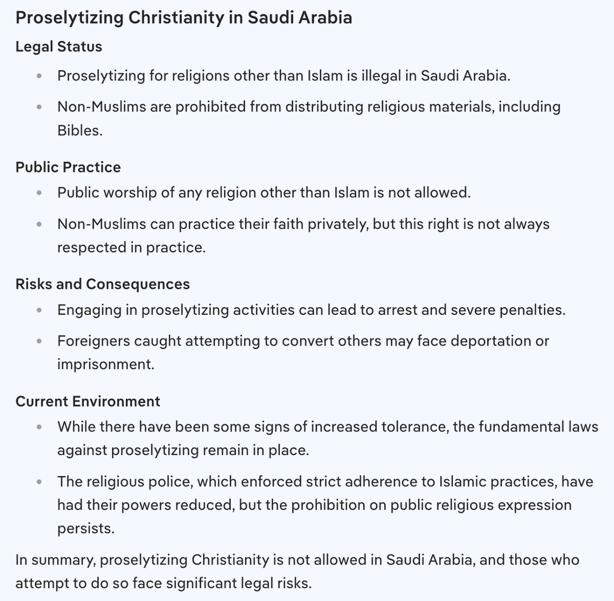 Justalurke35517's tweet photo. Can we have reciprocity of religion?

Saudi Arabia bans Christianity. There are zero churches. You cannot posses a Holy Bible there. Proselytizing can result in serious penalties.

I want the USA to take this same approach with Islam.

Ban every mosque and ban the Quran... https://t.co/svXkjdsY97