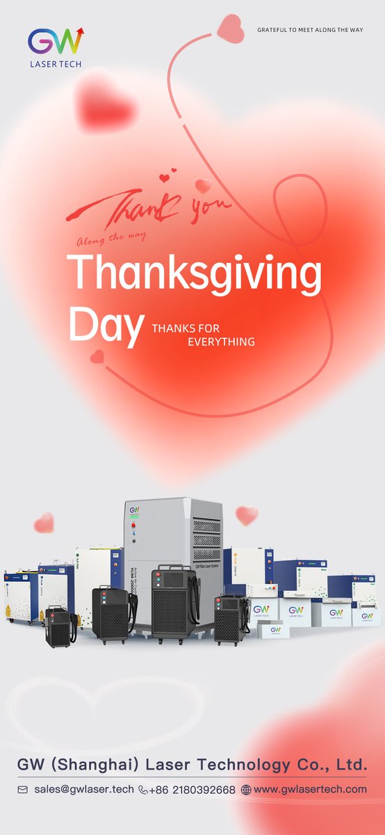 GWlasertech976's tweet image. Happy Thanksgiving from GW LASER TECH! We’re thankful for your trust in our laser solutions, powering industrial progress with precision &amp;amp; efficiency. Committed to innovation, we’ll deliver smarter, more capable laser tech to elevate your business.  #LaserTech  #IndustrialGrowth