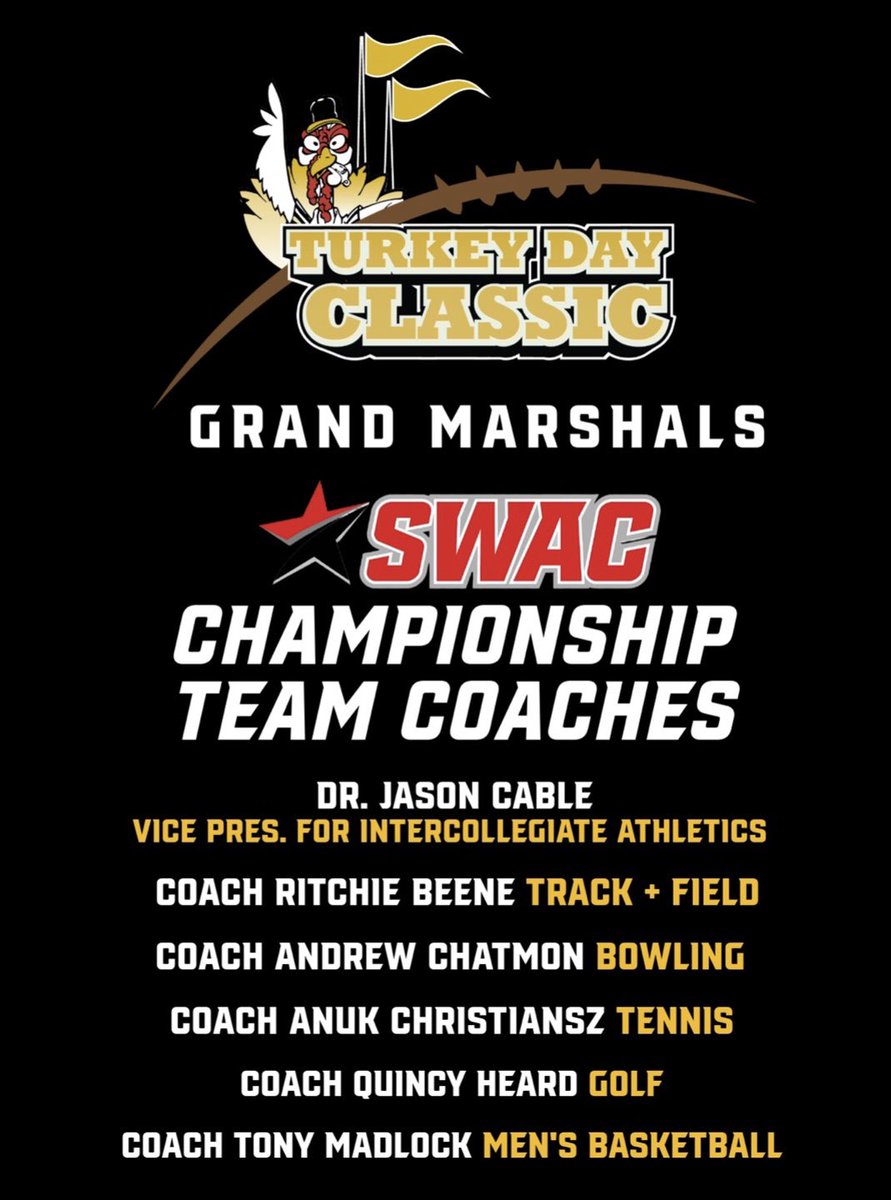 𝑯𝒐𝒏𝒐𝒓𝒊𝒏𝒈 𝒕𝒉𝒆 𝑩𝒆𝒔𝒕! ASU’s SWAC Championship coaches serve as Grand Marshals for the Turkey Day Classic Parade! See you in downtown Montgomery at 8 a.m. 🐝 🏆