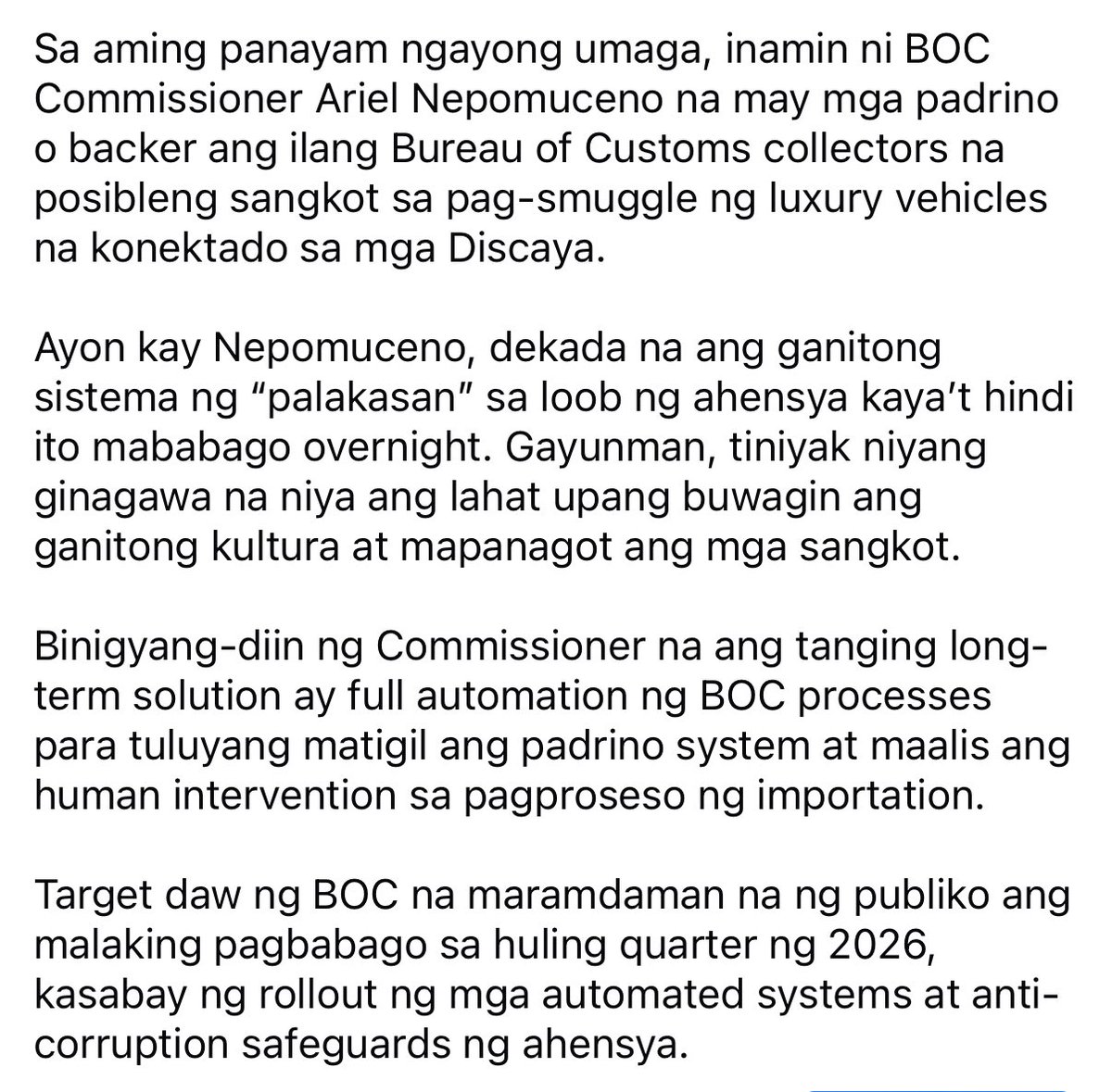 NEPOMUCENO: FULL AUTOMATION BY 2026 PARA TAPUSIN ANG PADRINO SYSTEM SA CUSTOMS