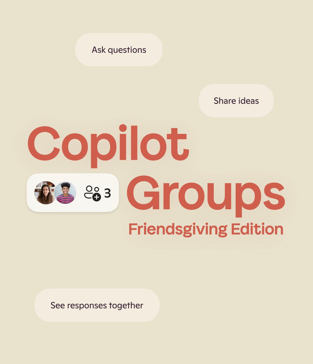 Copilot's tweet image. Friendsgiving just got simple. 🦃 Invite your friends to a group chat on Copilot now and take the guesswork out of that sweet potato casserole.