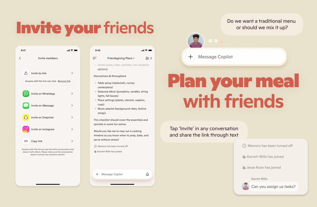 Copilot's tweet image. Friendsgiving just got simple. 🦃 Invite your friends to a group chat on Copilot now and take the guesswork out of that sweet potato casserole.