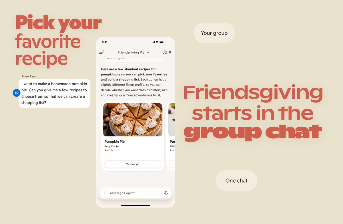 Copilot's tweet image. Friendsgiving just got simple. 🦃 Invite your friends to a group chat on Copilot now and take the guesswork out of that sweet potato casserole.