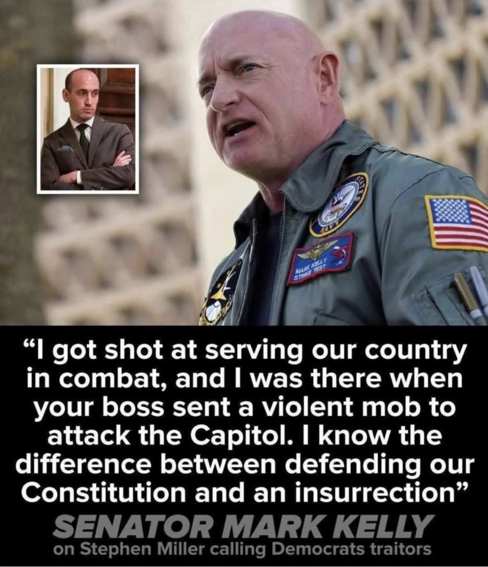 TheDemCoalition's tweet image. Sen. Mark Kelly to Stephen Miller: “I got shot at serving our country in combat, and I was there when your boss sent a violent mob to attack the Capitol. I know the difference between defending our Constitution and an insurrection, even if you don’t.”

#ResistTrump