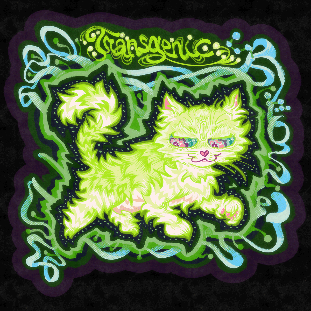 This month's sticker club design is a glow-in-the-dark cat, made to fight AIDS in humans and FIV in cats!  The background pattern is representative of the glowing protein in his genes.

ko-fi.com/scumsuck

The art model is my own lovely, FIV-positive, and heavy-browed Randy.
