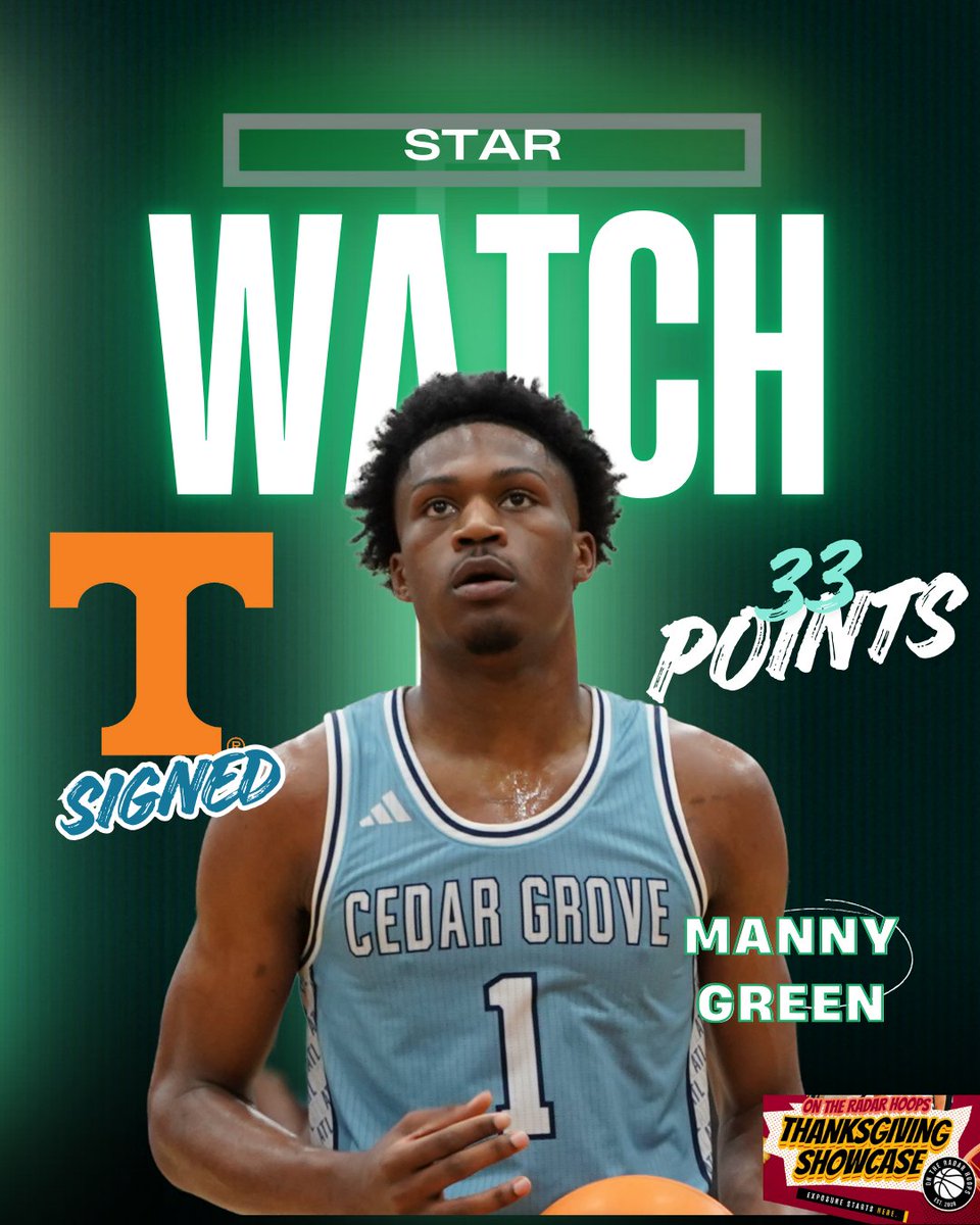 OntheRadarHoops's tweet image. OTR Thanksgiving Showcase
🌟 STAR WATCH 
'26 W Manny Green scored a game high 33 points tonight versus Alexander HS.

He is signed with the University of Tennessee. 

📌 @_mannygreen5 

↘️ All the top scorers HERE
ontheradarhoops.com/articles/otr-h…