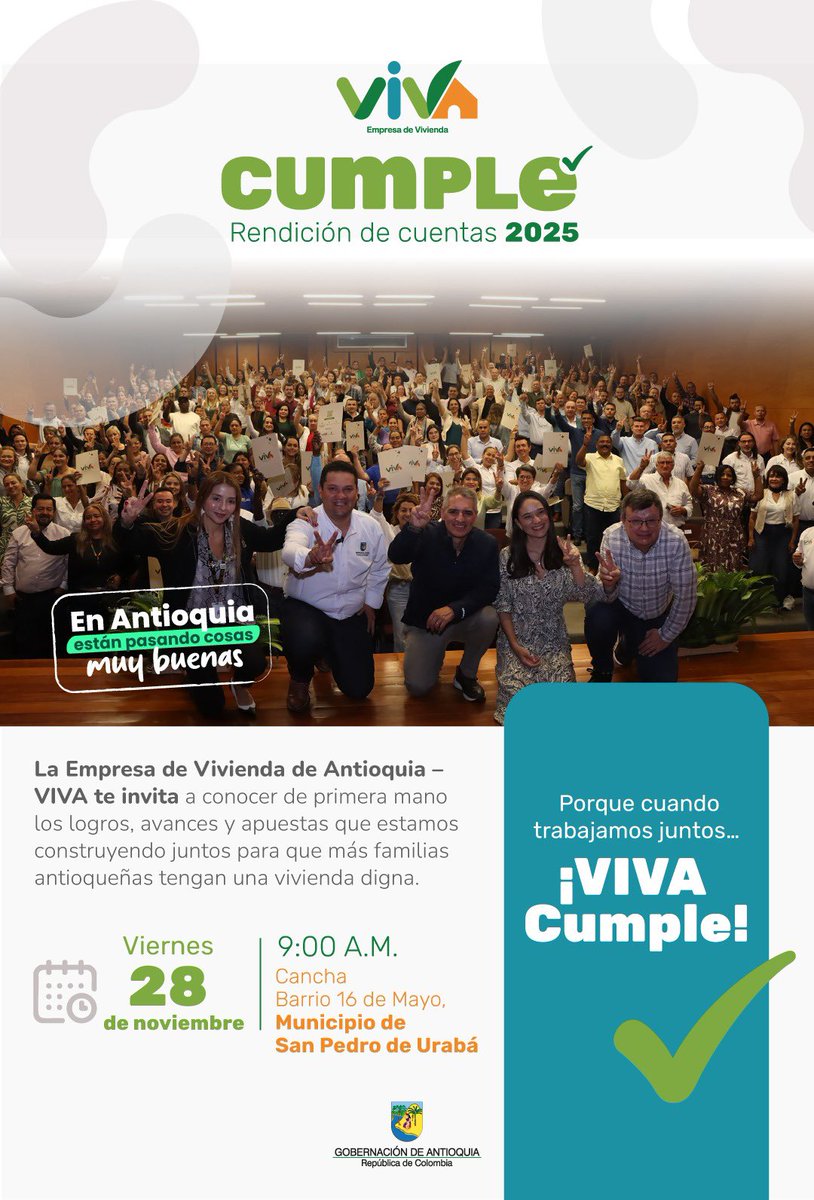 Este viernes, 28 de noviembre, llegamos a San Pedro de Urabá para presentar nuestra Rendición de Cuentas 2025. Conéctate vía streaming y conoce los logros, avances y desafíos que nos han impulsado durante este año a seguir transformando la vida de las de familias antioqueñas 🏡💚