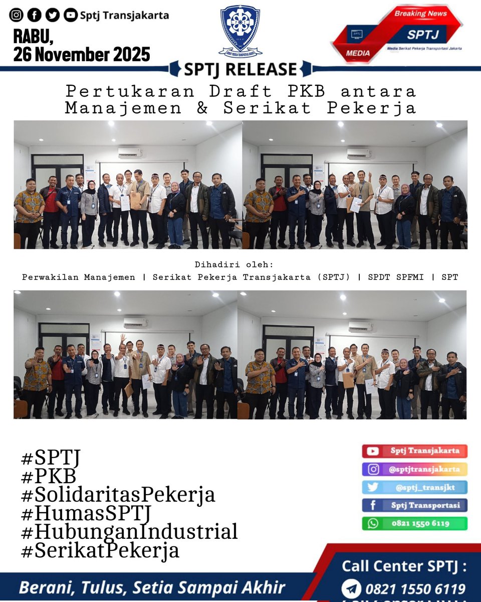 Sptj_transjkt's tweet photo. 📑 Pertukaran Draft PKB antara Manajemen &amp; Serikat Pekerja

👥 Dihadiri oleh:  
- Perwakilan Manajemen  
- Serikat Pekerja Transjakarta (SPTJ)  
- SPDT SPFMI  
- SPT  

Langkah ini menjadi bagian penting menuju kesepakatan bersama demi kesejahteraan seluruh pekerja.

#SPTJ #PKB https://t.co/wrWomgdLqx