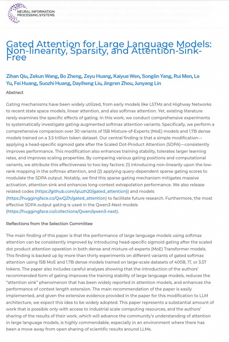 Alibaba_Qwen's tweet image. 🏆 We are incredibly honored to announce that our paper, &quot;Gated Attention for Large Language Models: Non-linearity, Sparsity, and Attention-Sink-Free&quot; has received the NeurIPS 2025 Best Paper Award!

A huge congratulations to our dedicated research team for pushing the boundaries…