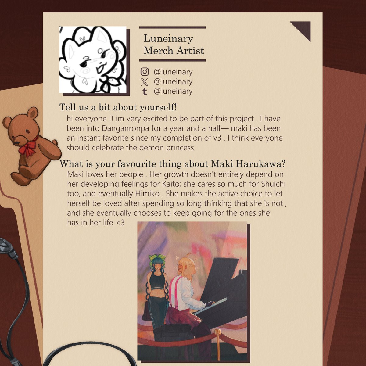 CONTRIBUTOR SPOTLIGHT 🔪🎀

We're introducing our next merch artist, Luneinary! We adore their soft and pleasing art style!

IG: @/luneinary
TWT: <a href="/luneinary/">🌙 lune</a> 
TUMBLR: @/luneinary