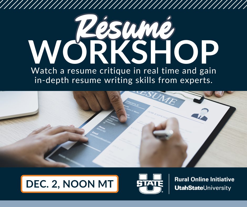 Need to update your resume? Join us on Tuesday, December 2 at noon for a Resume Critique &amp; Insights Workshop.
Register for free here: zurl.co/jm6uY
 
#RemoteWork #RemoteJobs #RuralUtah #FutureOfWork #CareerGrowth 
#RemoteWorker #WorkforceDevelopment #SkillsForTheFuture