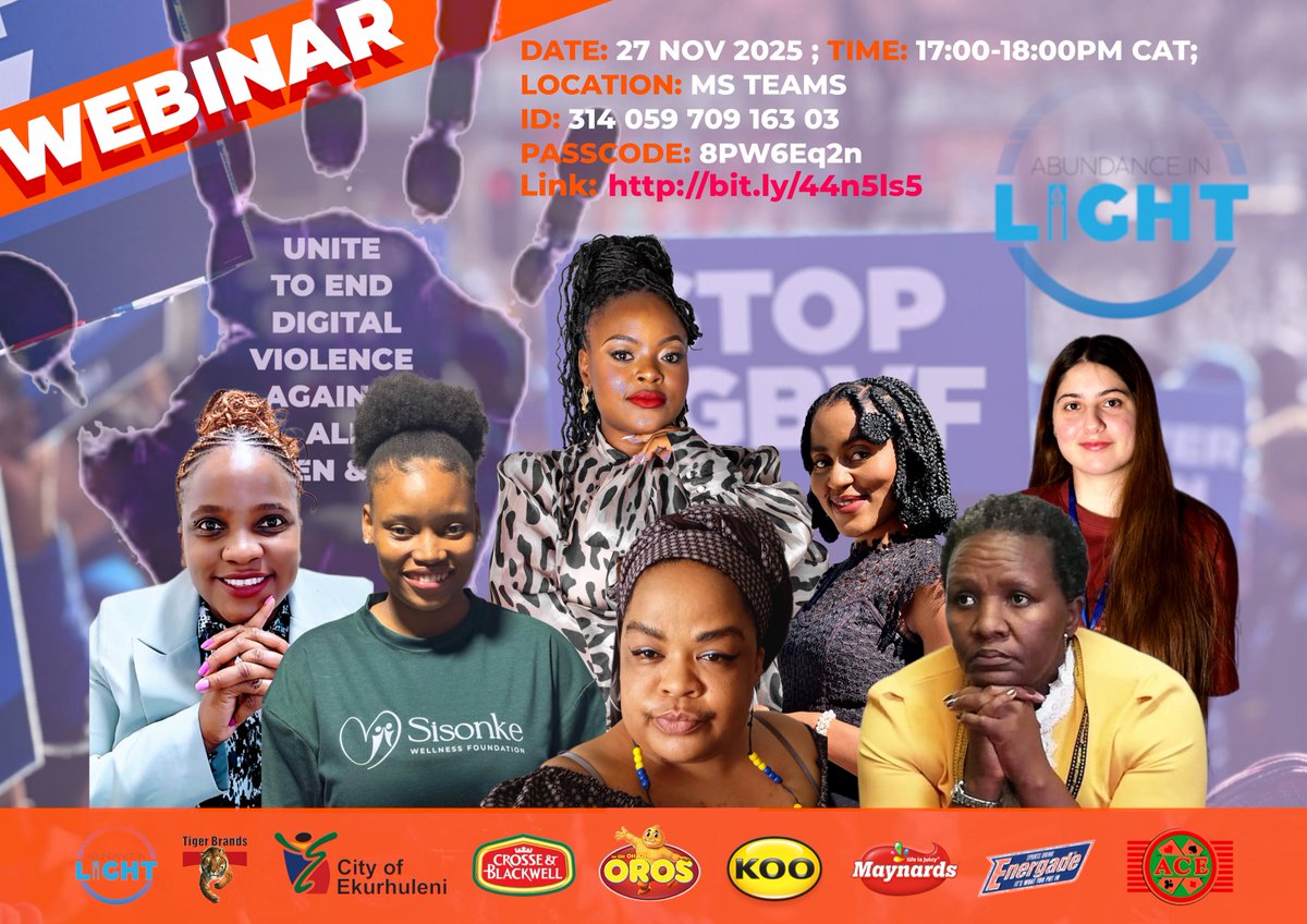 abundance_light's tweet photo. Join our webinar today, 27/11/25 @ 17:00 CAT. 
Where we’ve invited a panel of experts to discuss GBVF nationally and globally.

Link🔗: https://t.co/zIk3FUPGyl

@TigerBrands supports this work &amp; sponsors our 16 Days of Activism. Your presence strengthens the call to #EndGBVF https://t.co/rv5dR5iBj4
