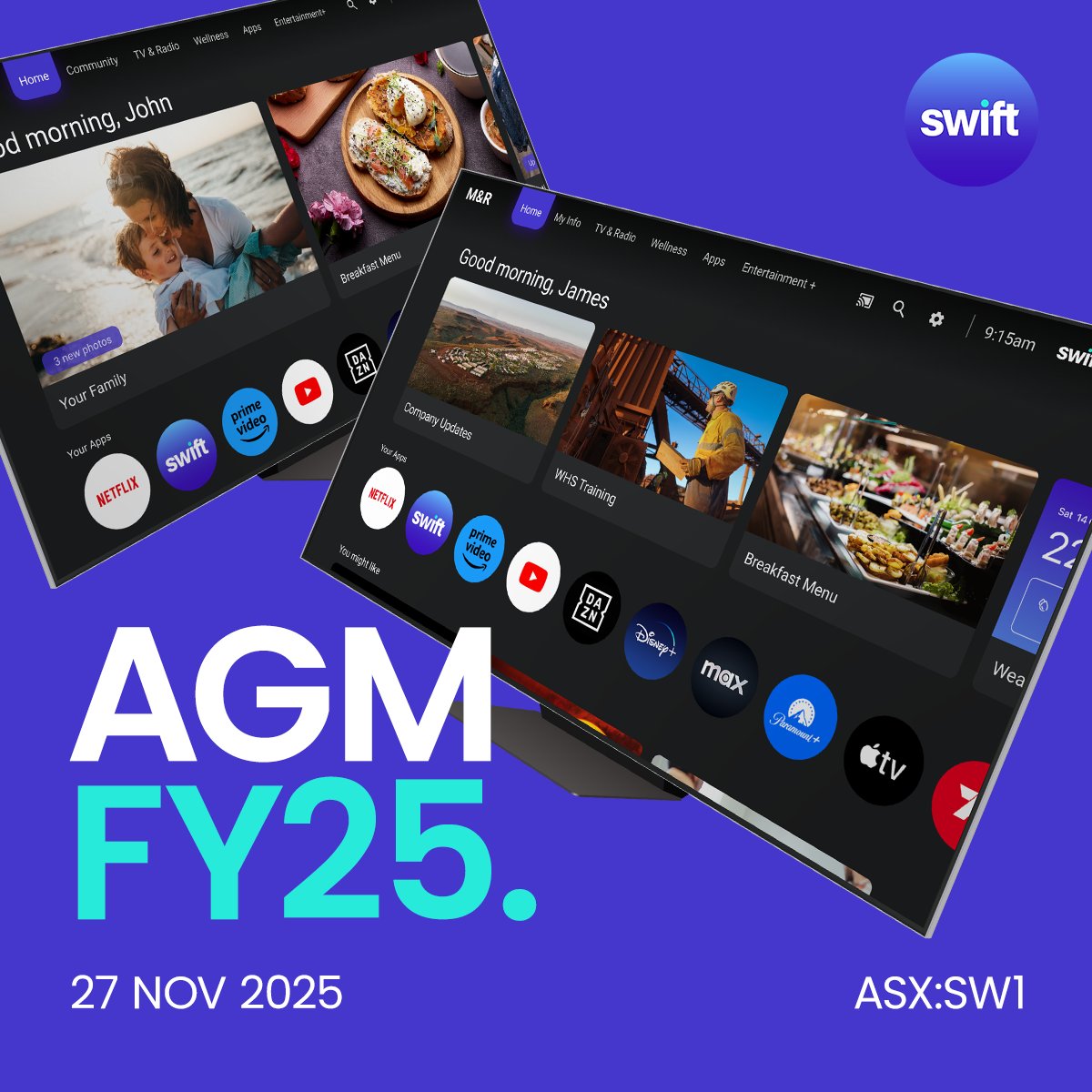 SwiftNetworksAu's tweet image. Swift has held its AGM and outlined the next phase of growth. Key highlights:
1️⃣ Swift Networks to become Swift TV
2️⃣ Swift TV is a market-first SaaS platform for in-room engagement
3️⃣ Strong early traction: 8 sites / 1,800 screens pre-ordered

AGM deck: ap1.hubs.ly/y0qlZr0