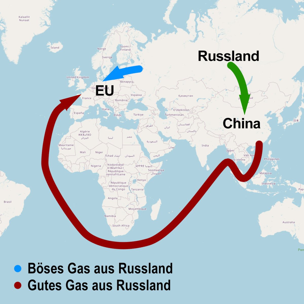 Für alle CDU-Politiker und deren Wähler, die gestern wegen Weidels Forderung günstiges Gas aus Russland zu importieren aufjaulten, noch einmal die Wege von russischem Gas kompakt erklärt, damit sie in ihrer Einfalt nicht durcheinanderkommen: