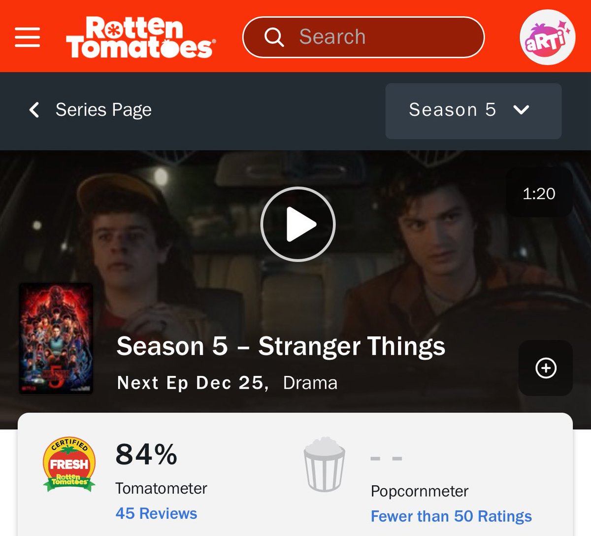 FilmUpdates's tweet image. ‘STRANGER THINGS’ Season 5 is officially certified fresh at 84% on Rotten Tomatoes from 45 reviews.

Volume 1 is now playing on Netflix.