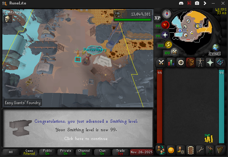 RandomCollectr's tweet image. 88-&amp;gt; 99 smithing a giant foundry's on #uim  #osrs