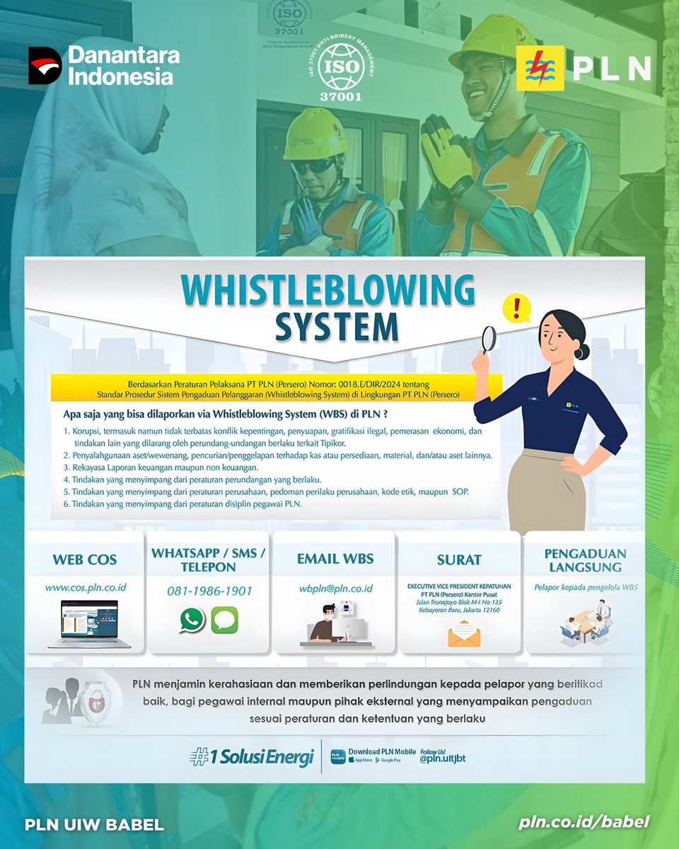 PLN Babel  terapkan Prinsip 4 No’s Sistem Manajemen Anti Penyuapan
1. No Bribery:Tidak memberi dan menerima suap
2. No Kickback:Tidak memberi dan menerima imbalan
3. ⁠No Gift :Tidak memberi dan menerima hadiah/gratifikasi ilegal
4. ⁠ No Luxurious Hospitality :Tidak jamuan mewah
