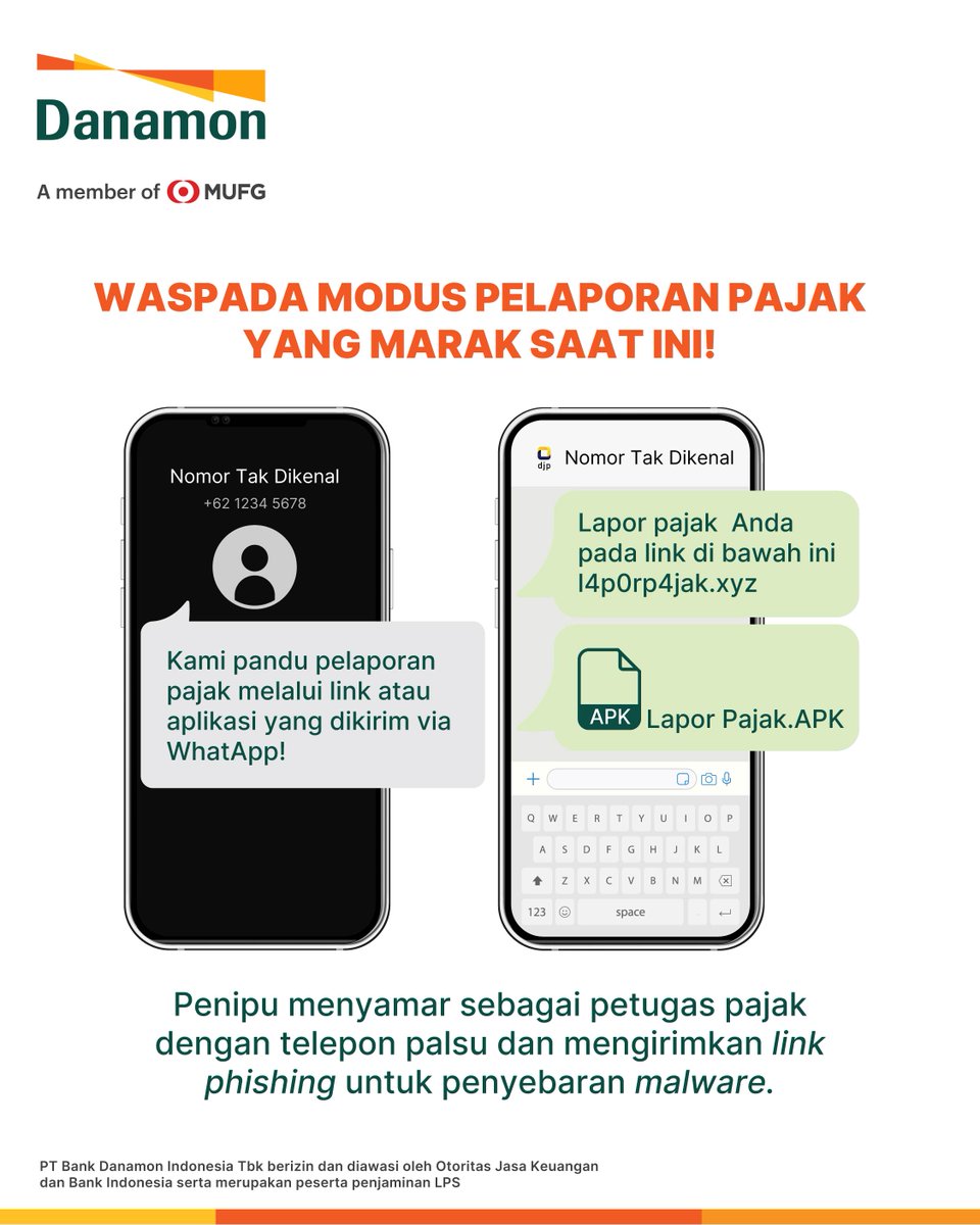danamon's tweet image. Waspada jika dihubungi melalui telepon atau pesan yang menyertakan link atau file .APK!

Modus ini bertujuan untuk menyebarkan malware yang dapat mencuri data perbankan. File .APK sangat tidak umum dikirimkan instansi resmi.