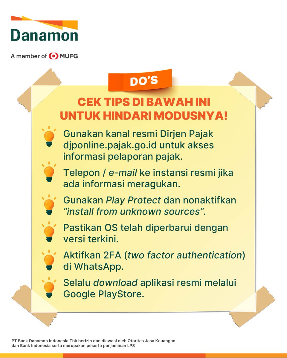 danamon's tweet image. Waspada jika dihubungi melalui telepon atau pesan yang menyertakan link atau file .APK!

Modus ini bertujuan untuk menyebarkan malware yang dapat mencuri data perbankan. File .APK sangat tidak umum dikirimkan instansi resmi.