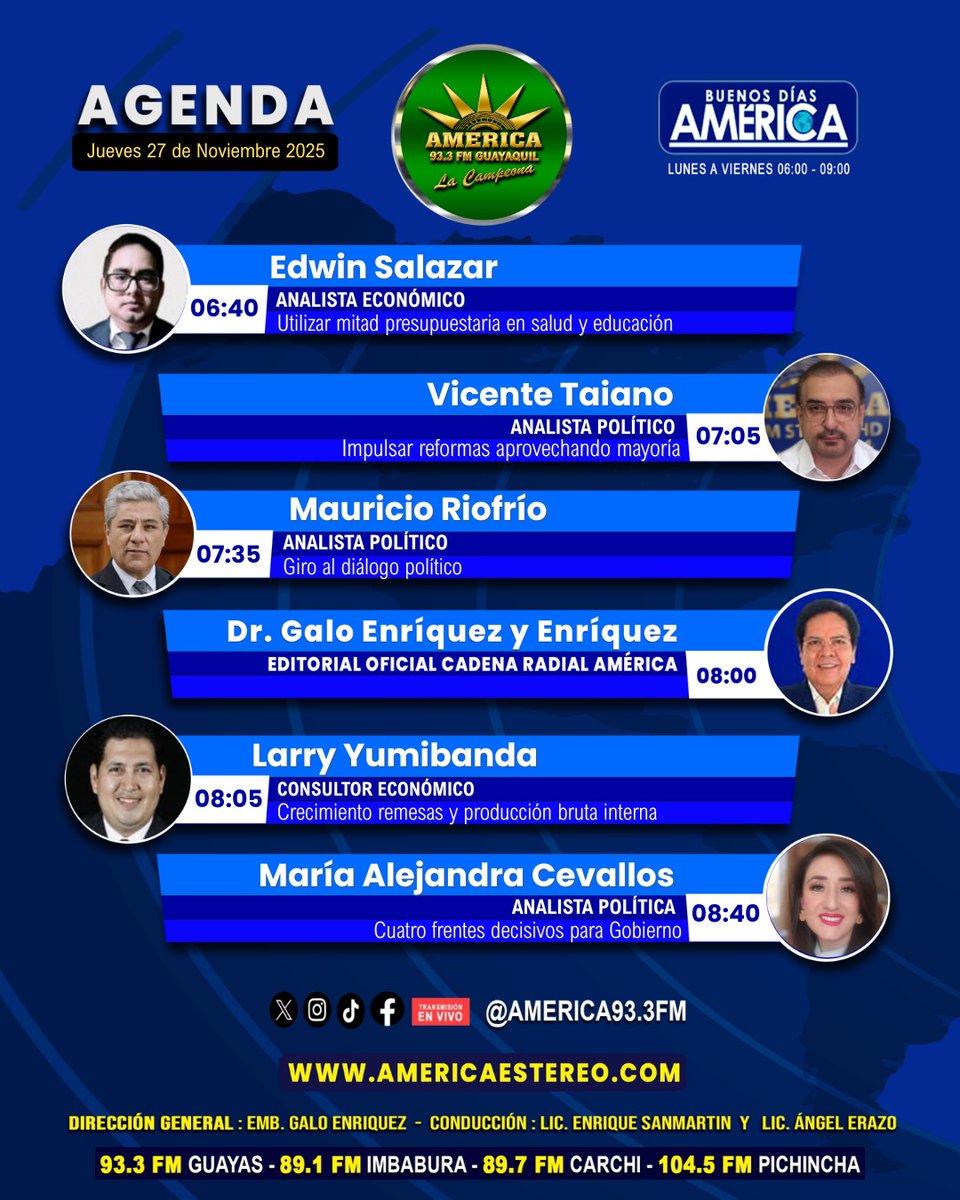 𝐀𝐆𝐄𝐍𝐃𝐀
📅 Jueves 27 de noviembre 2025
📻 93.3 FM ¡Sintonízanos en vivo!
🎥 Facebook Live
🌐 americaestereo.com
Noticiero Buenos Días América, últimas noticias, nacionales e internacionales.
#Noticias