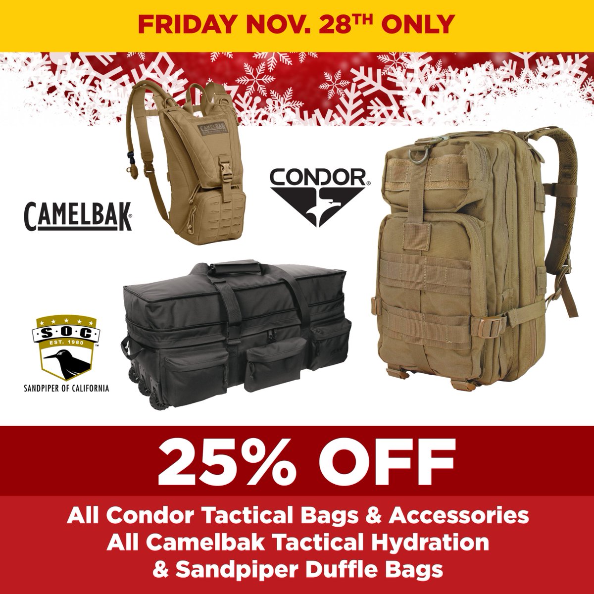This Friday ONLY - save 25% off all Condor Tactical Bags &amp; Accessories, all Camelbak Tactical Hydration &amp; Sandpiper Duffle Bags.
View deals ms.spr.ly/6012tn0Ip