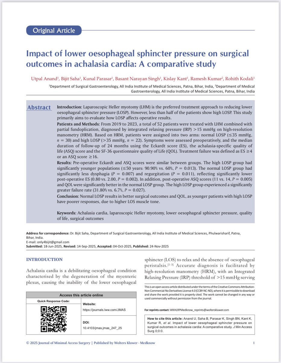 UtpalAn89896123's tweet image. In Laparoscopic Heller Myotomy, less tension may mean more success — patients with normal LES pressure showed significantly better recovery and quality of life. Our new publication from AIIMS Patna
