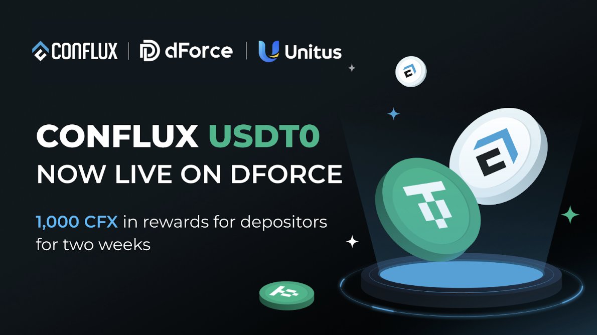 Conflux_Network's tweet image. USD₮0 on Conflux eSpace is now live on @dForcenet, and we&apos;re launching migration incentives!

⏰ Starting November 27th at 14:00 (UTC+8), USD₮0 suppliers in the lending pool can share in 1,000 $CFX over two weeks.

📖 Full details: medium.com/@confluxnetwor…

More campaigns are…
