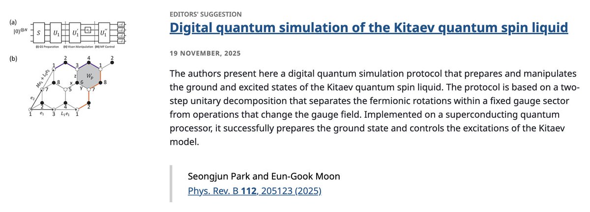 PhysRevB's tweet photo. PRB Editors' Suggestion: Digital #quantum simulation of the #Kitaev #QuantumSpinLiquid

Seongjun Park and Eun-Gook Moon
Phys. Rev. B 112, 205123

➡️ https://t.co/fMYqWM6ee3
#EdSugg @APSPhysics #physics #condmat https://t.co/xl80vFogXC