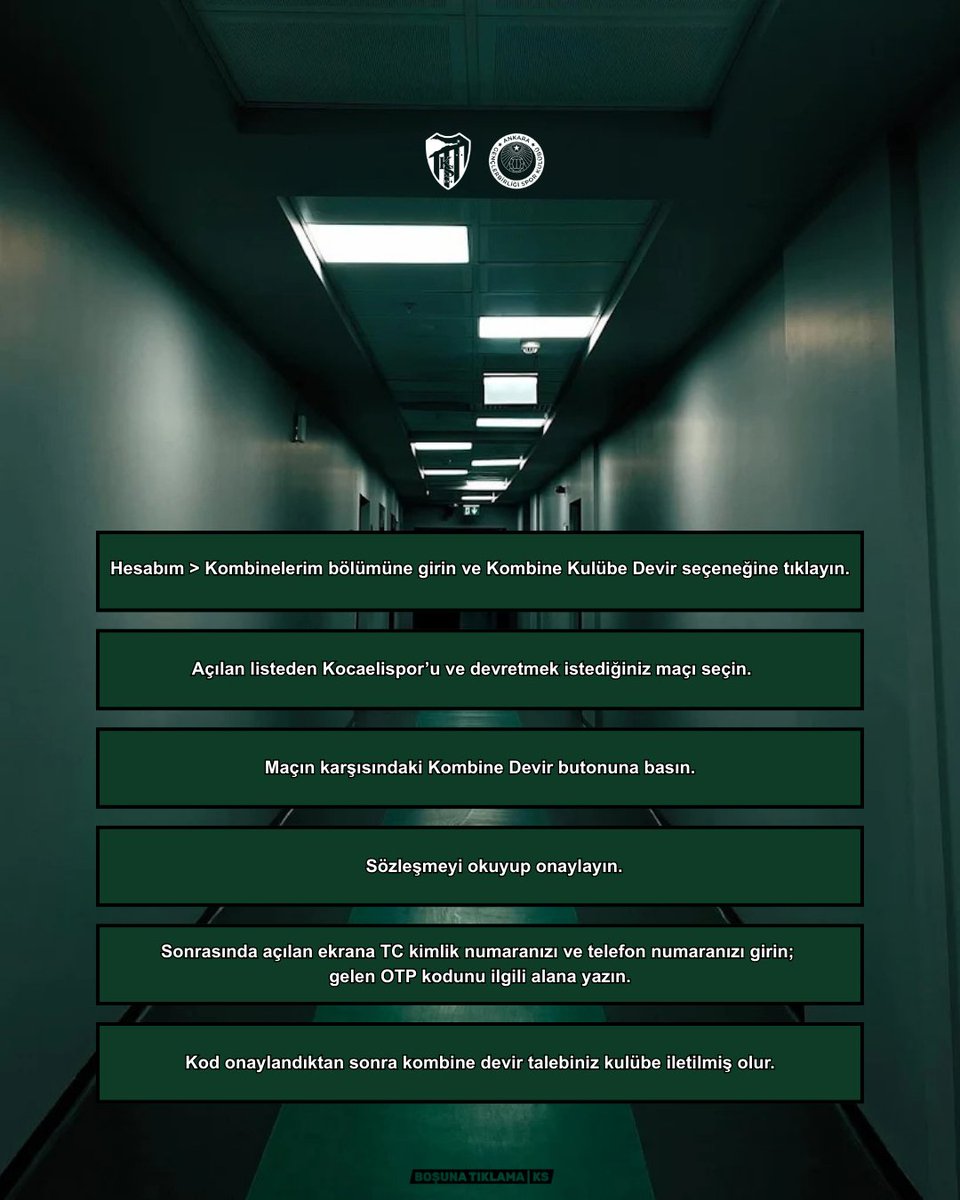 bosunatiklamaKS's tweet image. 🎟️ PASSOLİG KOMBİNE KULÜBE DEVİR NASIL YAPILIR?

• Kocaelispor - Gençlerbirliği maçında cezalı olup re-sale yapmak isteyenler: Passo.com.tr veya Passolig mobil uygulamasına giriş yapın. 

Ardından aşağıdaki adımları izleyebilirsiniz. 👇