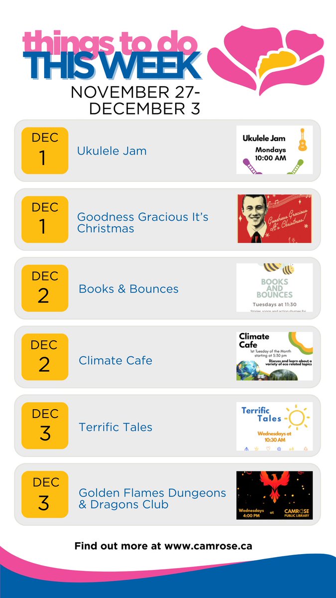 Starting to plan the week ahead? Here are some things happening in Camrose! Have an event you would like to share? Go to camrose.ca/events to submit it to our calendar! #ThingsToDoInCamrose