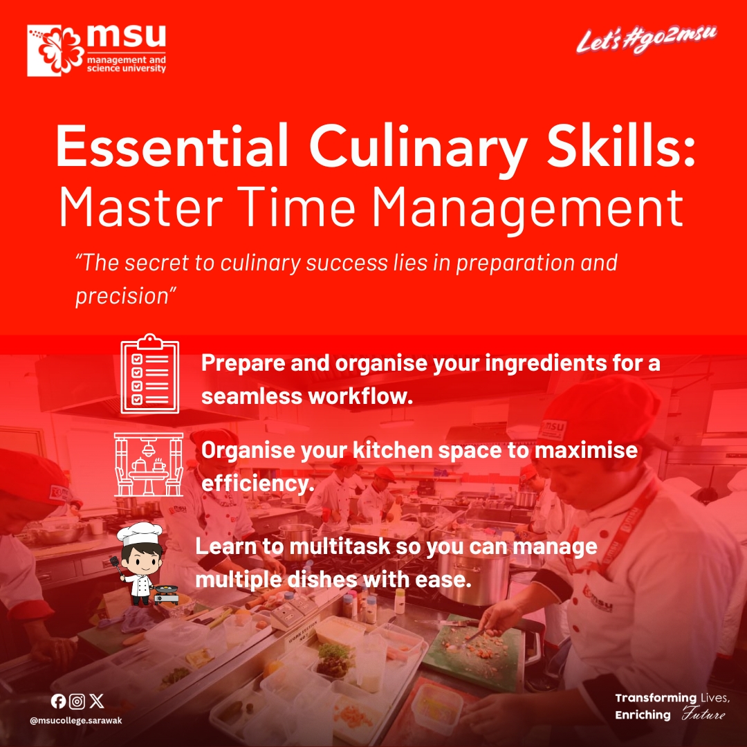 MsucSarawak's tweet image. Tip Kulinari!
Tahukah anda? Kejayaan dalam dunia kulinari bermula dengan menguasai kemahiran asas seperti pengurusan masa di dapur.

Ingin asah kemahiran kulinari anda dengan lebih lanjut? Klik pautan di bawah.

tinyurl.com/MSUCollegeSara…

#MSUMalaysia
#go2msu