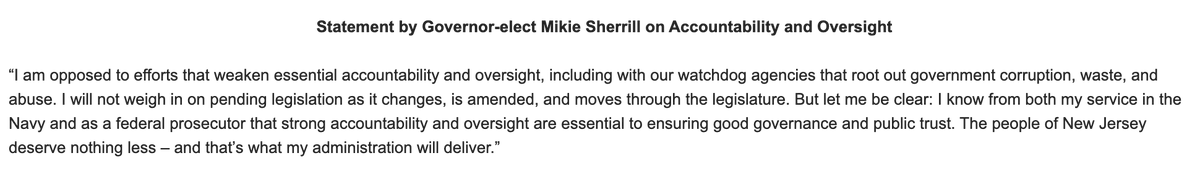 HeinisHardNews's tweet photo. .@MikieSherrill is against the proposal, adding that she won't get involved in the legislative process.

“I am opposed to efforts that weaken essential accountability and oversight, including with our watchdog agencies that root out government corruption, waste, and abuse." https://t.co/vox6zeedzI