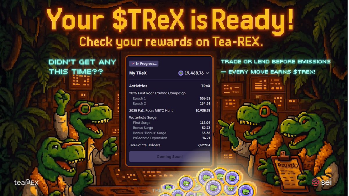 Early Explorers — your $TReX is loaded! 🦖💎
Check your $TReX here 👉 trex.trade/1329/claim

👀 How much did you get?
Drop your screenshot below and show the Sei jungle your rewards!

❓Not sure what $TReX can do?
Learn here 👉 x.com/0xtearex/statu…

⚡ Didn’t get any this