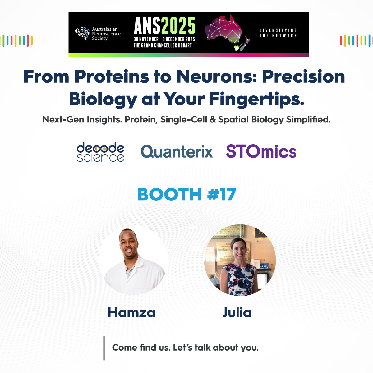 Decode_Science's tweet image. 🔬 Decode Science @ ANS 2025 — Booth #17

We’re showcasing next-gen protein, single-cell, spatial &amp;amp; neurology tools from @ST_Omics and @QuanterixSimoa.

Come say hi at Booth #17 👋
#Neuroscience #SingleCell #SpatialBiology #LifeScience #BioTech