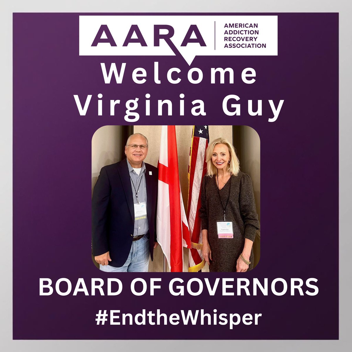 The American Addiction Recovery Association is honored to welcome Virginia Guy, from Alabama, with the Drug Education Council, Inc to the AARA Board of Governors 

#EndTheWhisper #gapol #TheSouthRecovers #GARecovers #ALRecovers <a href="/endthewhisper/">American Addiction Recovery Association</a> <a href="/Drug_Education/">DrugEducationCouncil</a>