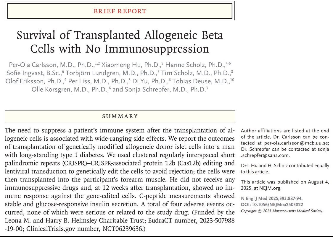 This might be the most badass brief report I’ve read in a long time.

In <a href="/NEJM/">NEJM</a> 

A team just published what feels like a glimpse straight into the future of cellular therapeutics: successful survival and function of transplanted allogeneic, CRISPR-edited beta cells with zero