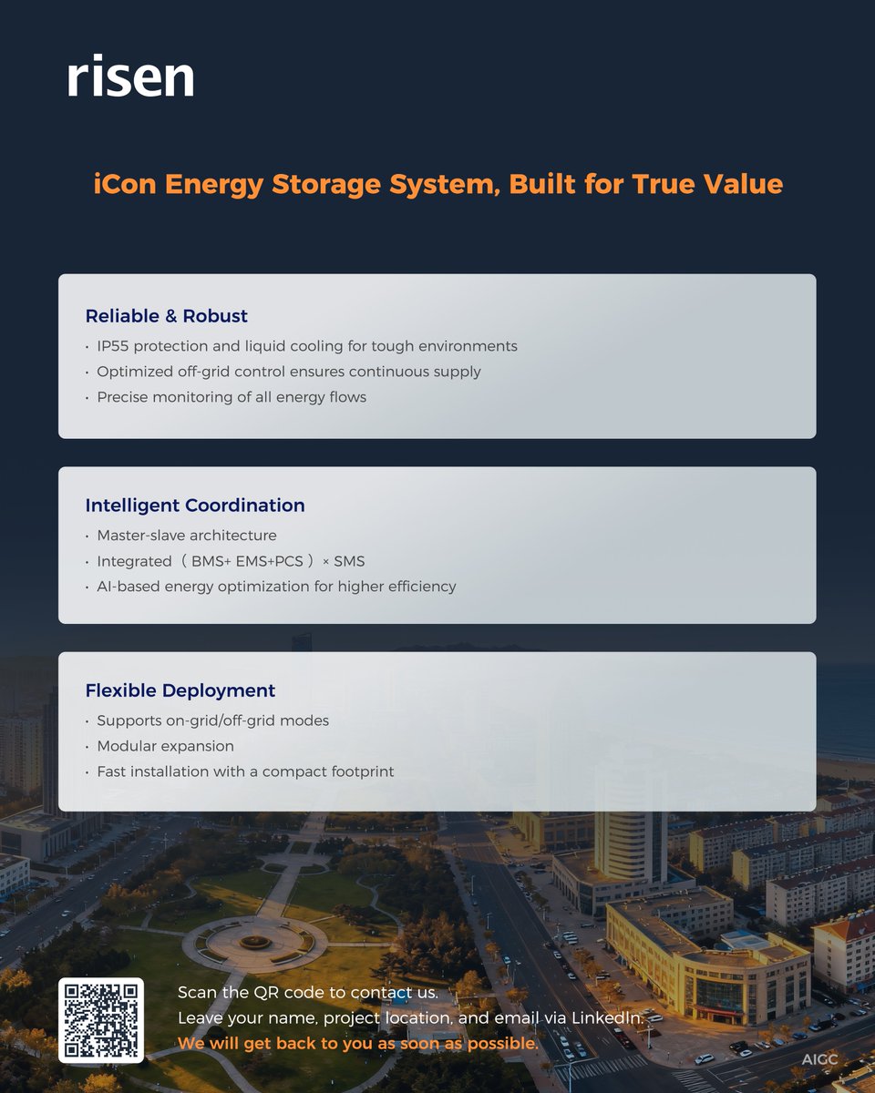 RisenStorage's tweet image. 💪💪Risen Energy deployed a fully off-grid PV-storage-charging system in Shandong, China. With 30 iCon ESS units + 1.8 MW PV, the project operates independently where grid capacity is restricted. #EnergyStorage #Solar #OffGrid #RisenEnergy #RisenStorage #Renewables