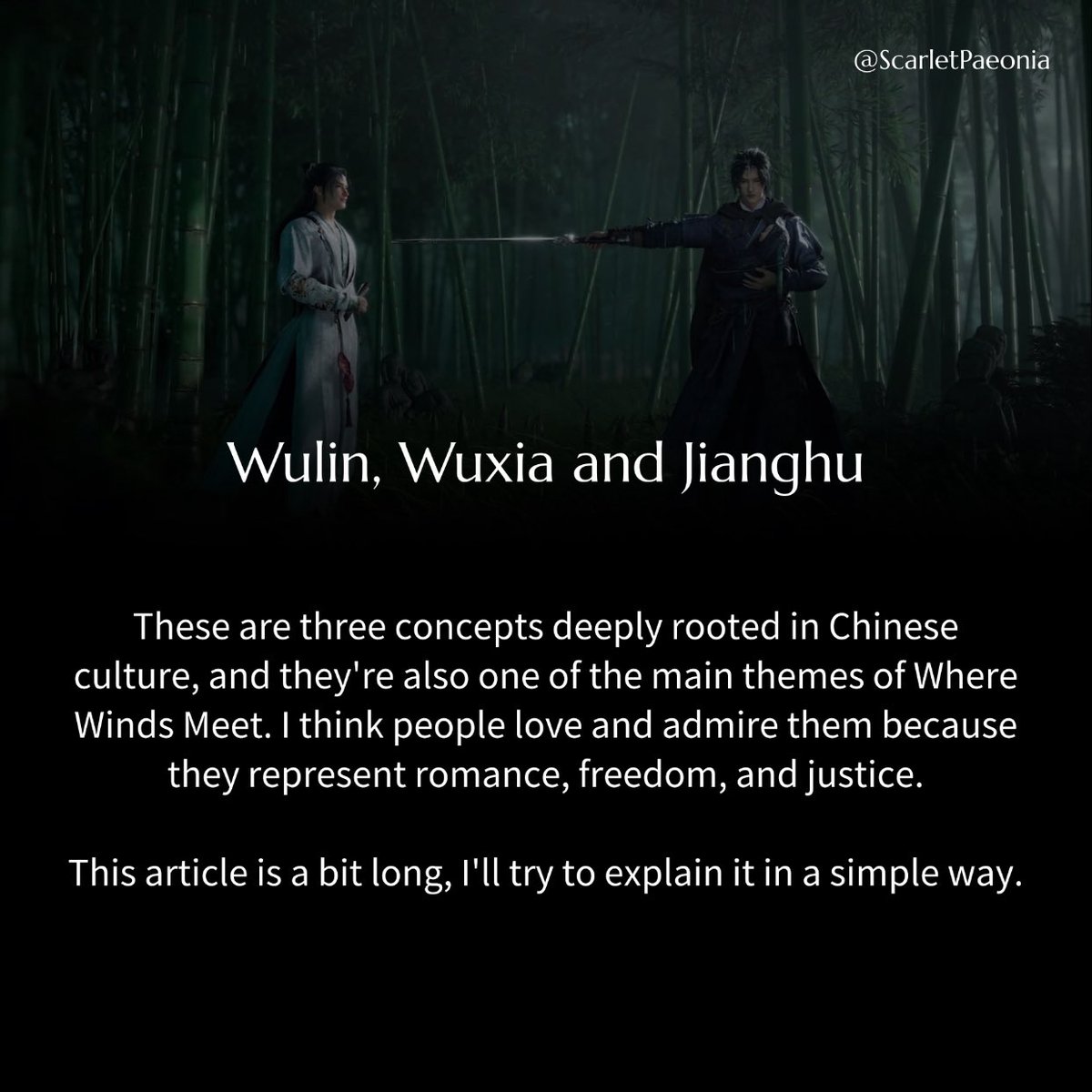 scarlet_paeonia's tweet photo. #WhereWindsMeet 
Wulin, Wuxia and Jianghu

As a fellow player, I want to introduce one of the core worldviews in WWM. This post will cover the essential concepts of Wulin, Wuxia, and Jianghu.

Source of the entry in the image 4: Wikipedia https://t.co/GqHlFfO9ZH